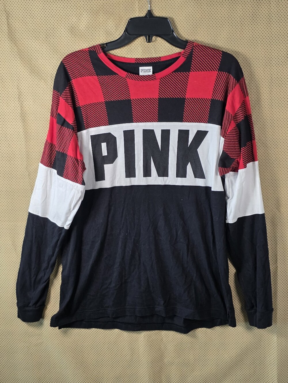 PINK Victoria’s Secret Women Large Buffalo Plaid Long Sleeve Logo Shirt Red Y2k